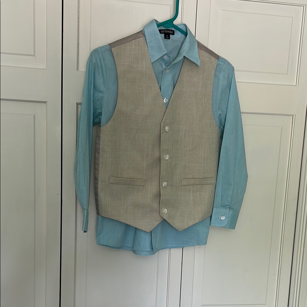 George Kids Aqua Blue Button Down Shirt with Tan Vest